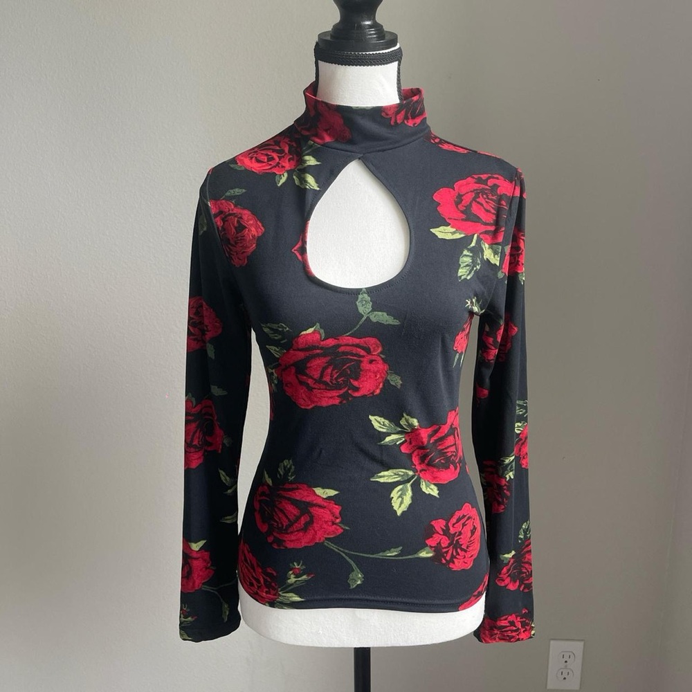 Sexy Black and red rose cutout mock neck long sleeve top with stretchy material